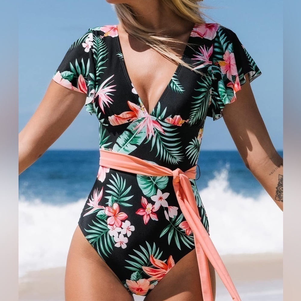 CUPSHE V Neck Ruffle One Piece Tropical Print with Removed Waist Tie medium